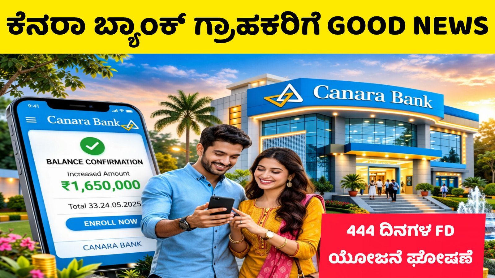 Canara Bank ಗ್ರಾಹಕರಿಗೆ ಸಿಹಿ ಸುದ್ದಿ..! ಹೊಸ ಡಿಜಿಟಲ್ ಸೇವೆ ಮತ್ತು 444 ದಿನಗಳ FD ಯೋಜನೆ ಬಿಡುಗಡೆ