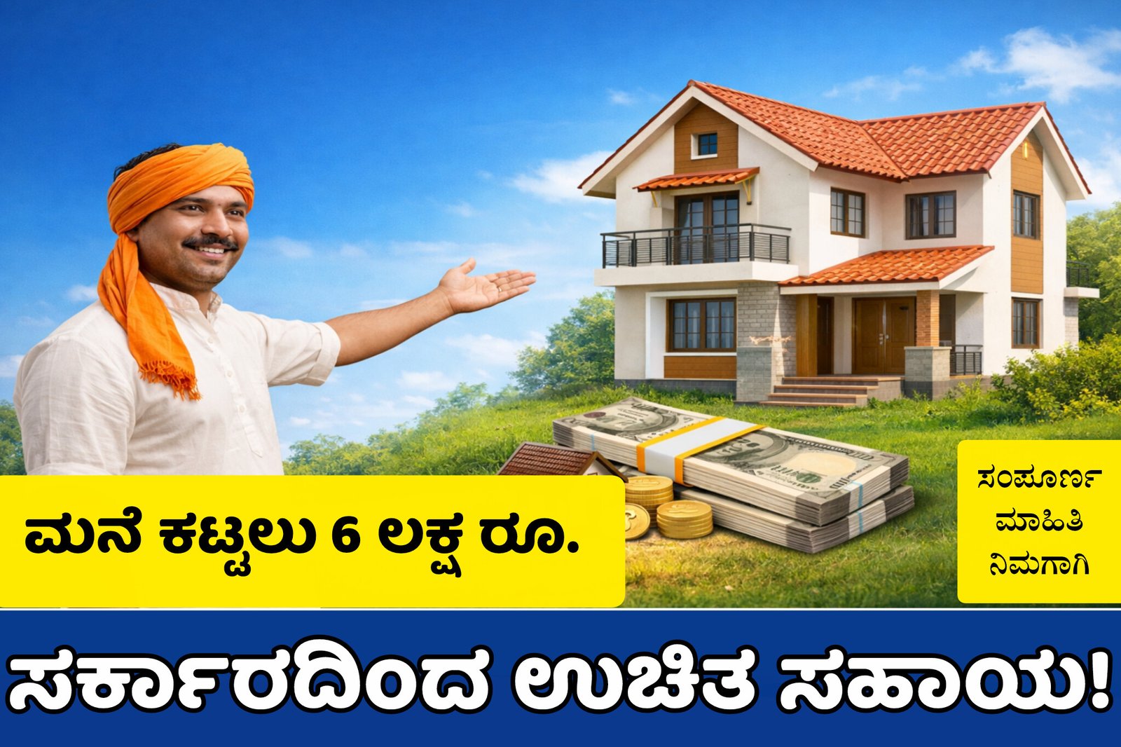 👉 "ಮನೆ ನಿರ್ಮಾಣಕ್ಕಾಗಿ ಸರ್ಕಾರದ ಸಹಾಯ ಯೋಜನೆ 2026 – ರೈತನು ಹೊಸ ಮನೆ ತೋರಿಸುತ್ತಿರುವ ಚಿತ್ರ"