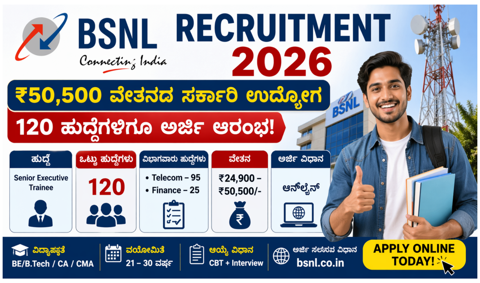 BSNL Recruitment 2026 notification for 120 Senior Executive Trainee posts with salary up to 50500