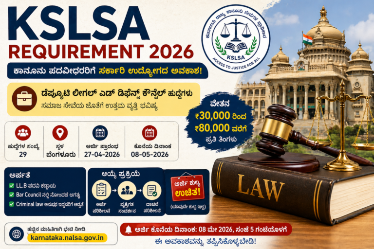 KSLSA Recruitment 2026 notification for Deputy Legal Aid Defense Counsel posts in Bangalore