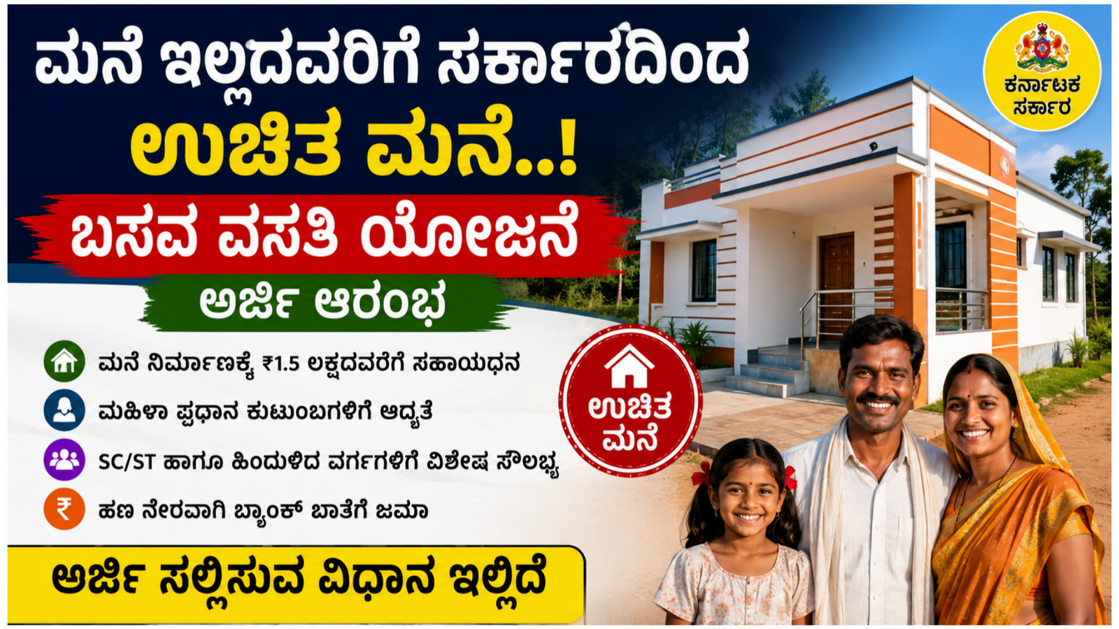 Basava Vasati Yojana Karnataka free house scheme banner with modern house and happy family image in Kannada