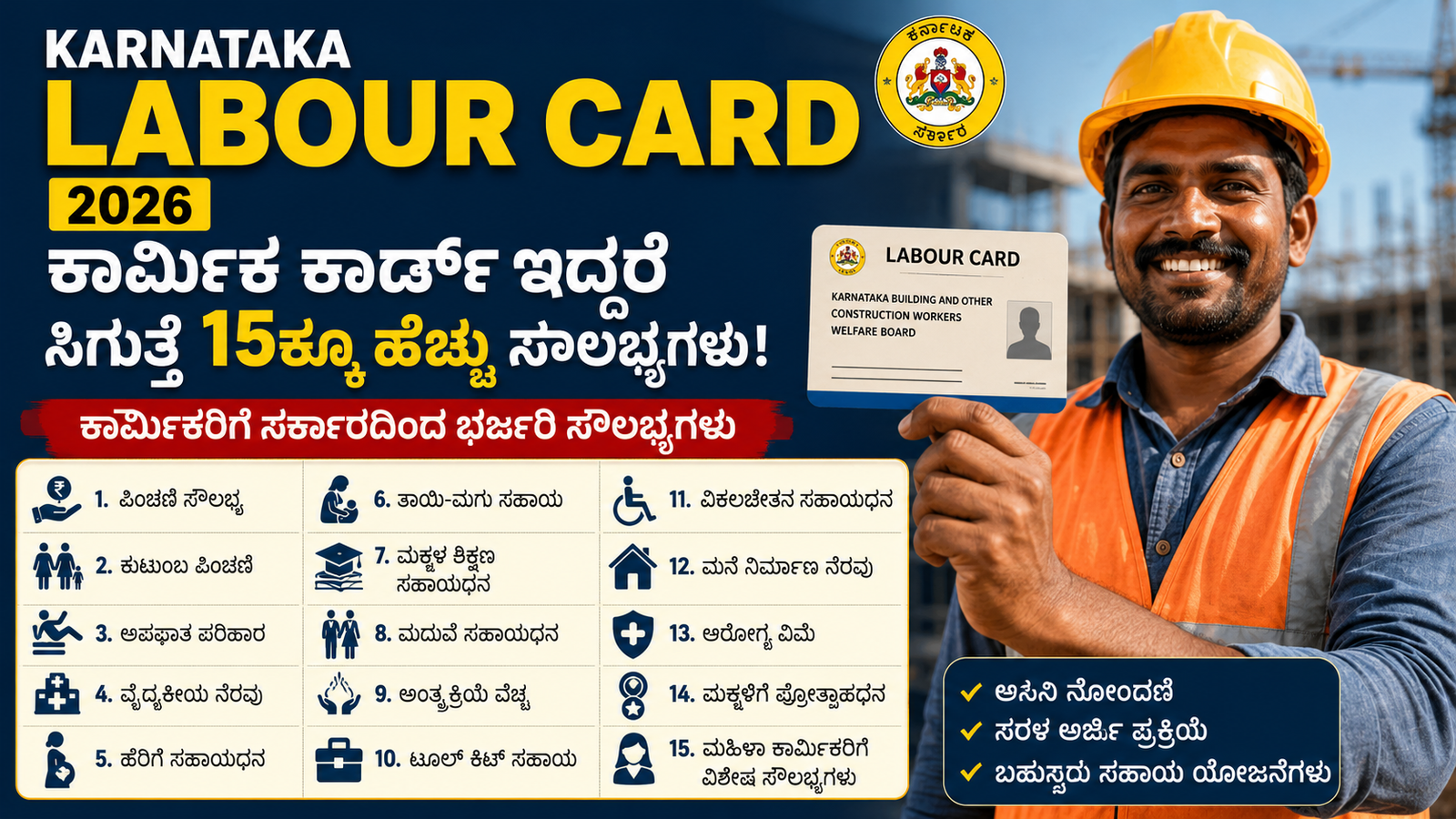 Karnataka Labour Card Benefits 2026 poster showing construction worker and government welfare schemes in Kannada