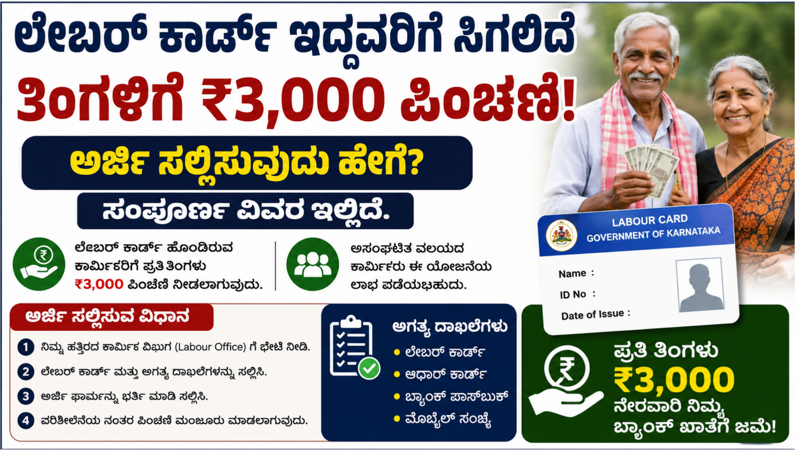 Labour Card monthly 3000 pension scheme details in Kannada