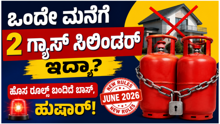 LPG gas cylinders in a kitchen with new rules text in Kannada